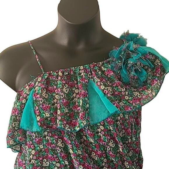 Excellent Lulumari Women’s Asymmetrical Ruffle Short Sleeve Blouse Size Large - Picture 4 of 11